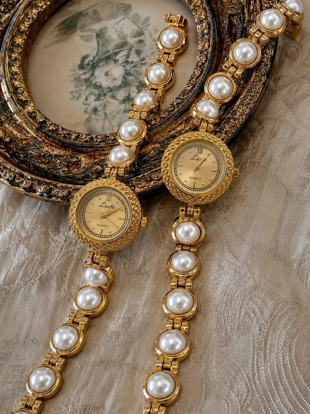 Luxe Gold Pearl-Accented Bracelet Watch - Gold and White